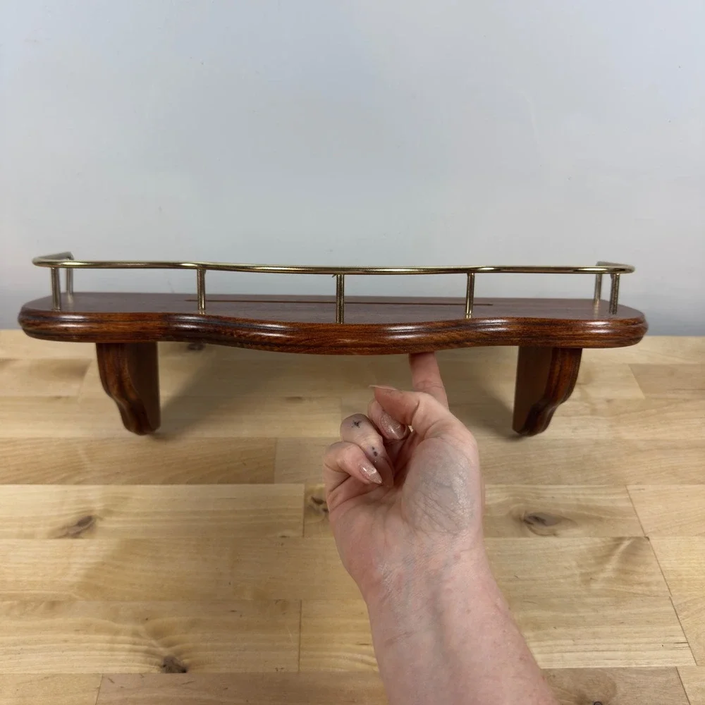 Vintage Dark Wood Wall Shelf with Brass Gallery Rail Plate Groove USA Made 16in